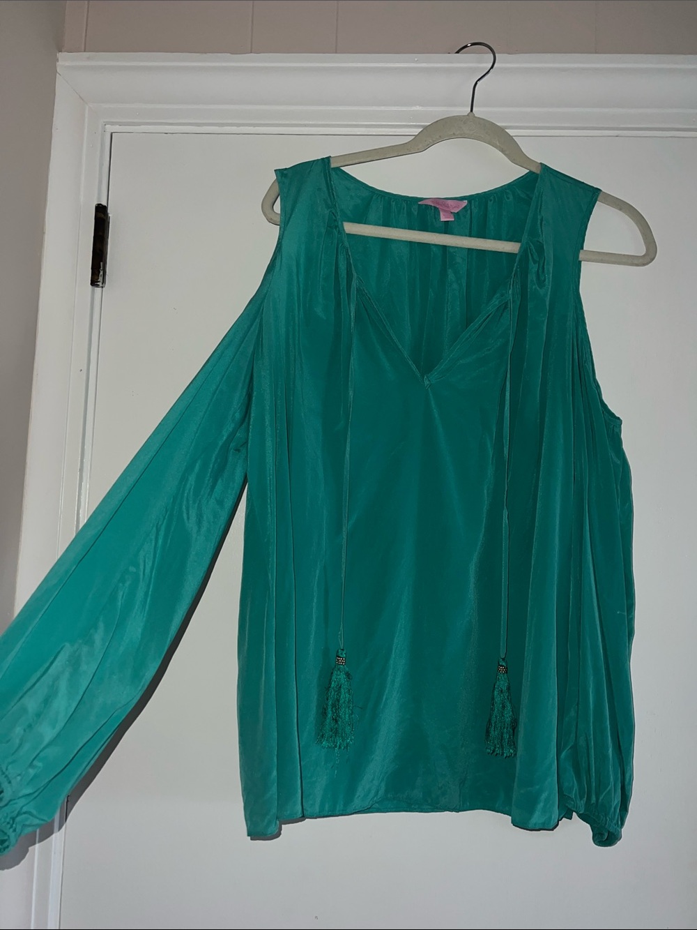 Lilly Pulitzer Teal Cold-Shoulder Tassel Blouse